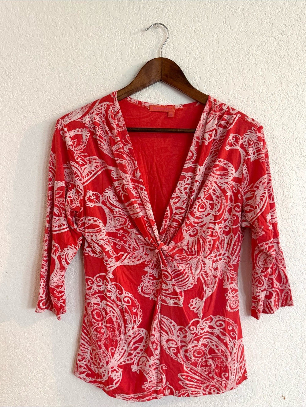 Fresh Produce Womens Shirt Salmon White Paisley 3/4 Sleeve Criss Cross Size MED